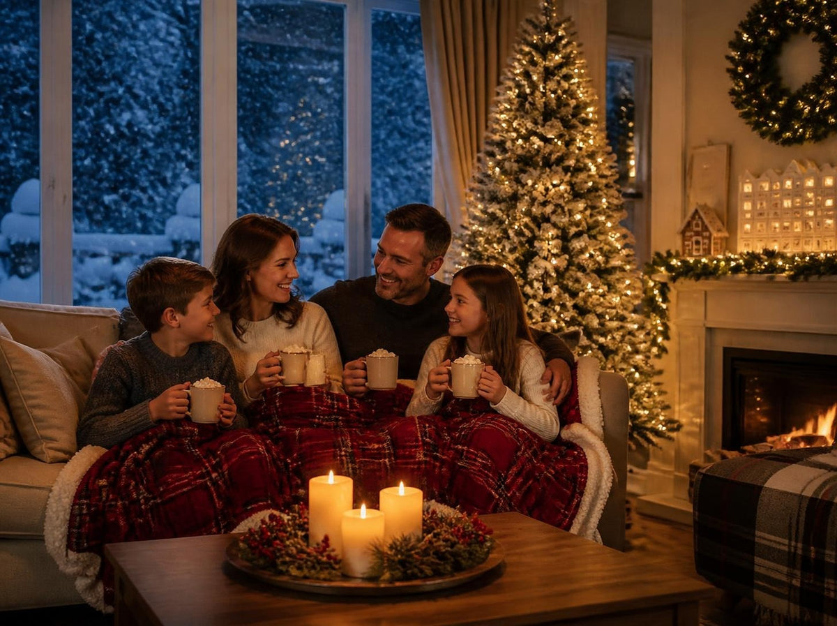 Family enjoying a cosy Christmas evening at home with festive lights - APA Pure Living
