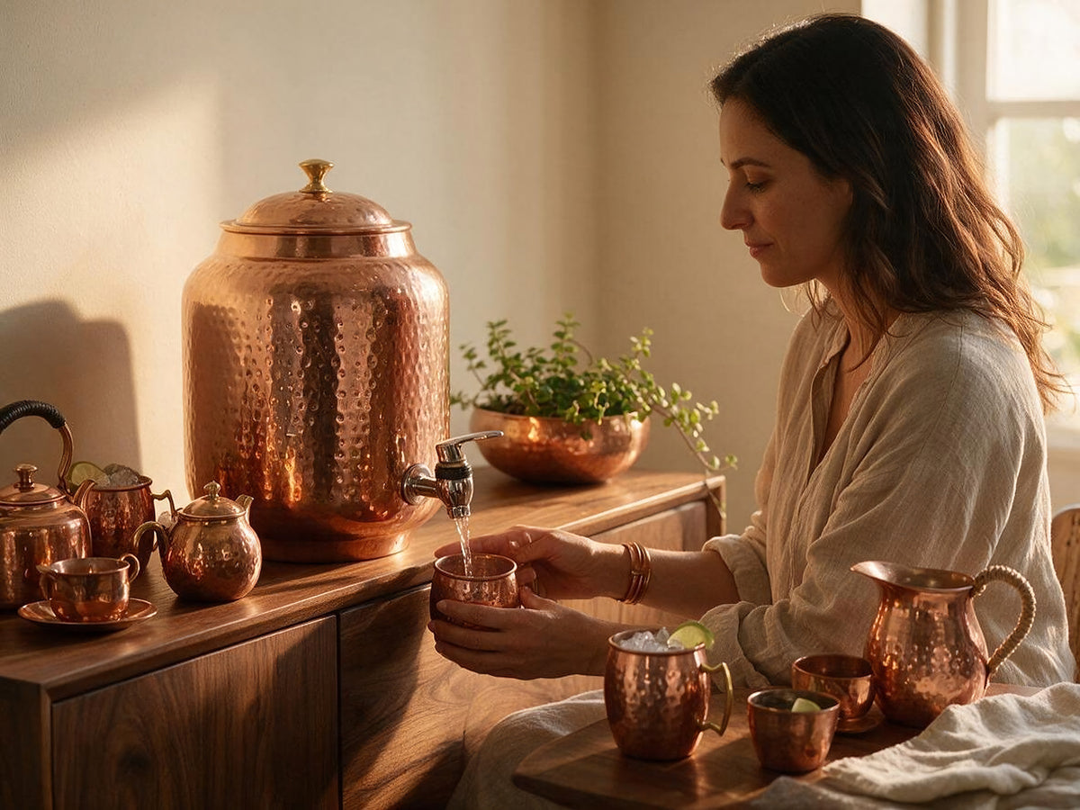 Woman wearing a copper bracelet filling a hammered copper cup from a large hammered copper water dispenser, with copper mugs, teapot, kettle, jug and planter in golden light