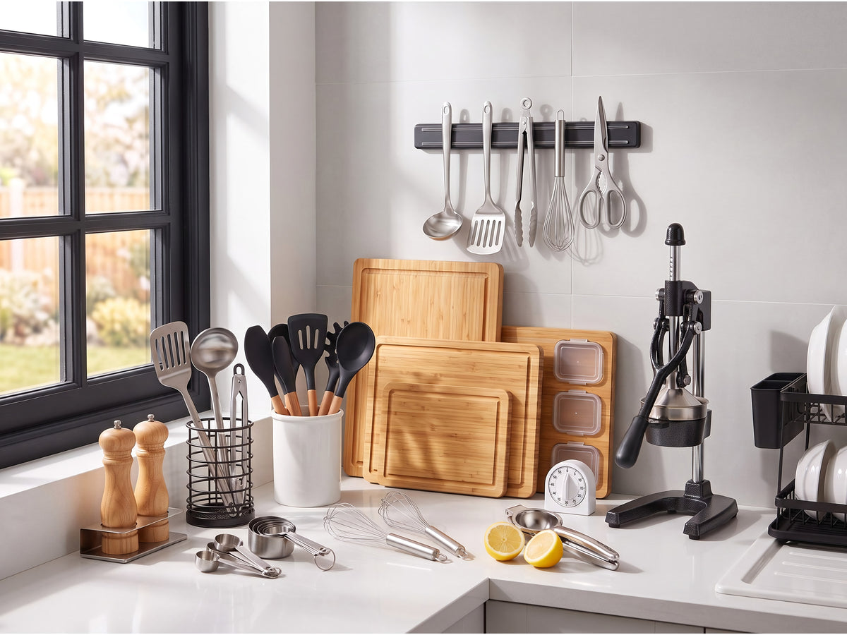 Modern white kitchen worktop with bamboo chopping boards, silicone and steel utensils, salt and pepper grinders, measuring cups, whisks, citrus presses, a timer, a magnetic utensil bar and a dish drainer