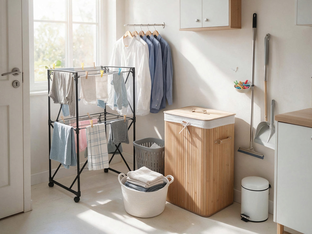 Bright utility room with a black folding clothes airer on wheels, bamboo laundry hamper, cotton rope and slatted laundry baskets, wooden hangers, clothes pegs, squeegee, dustpan and a small pedal bin