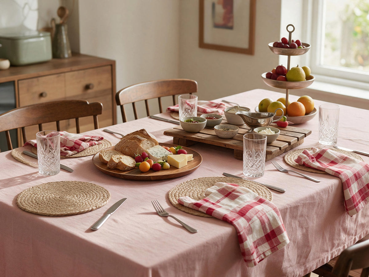 Dining table laid with a blush cotton tablecloth, jute placemats, check napkins, cut glass tumblers, a round wooden serving plate, slatted serving tray, gravy jug and three-tier fruit stand