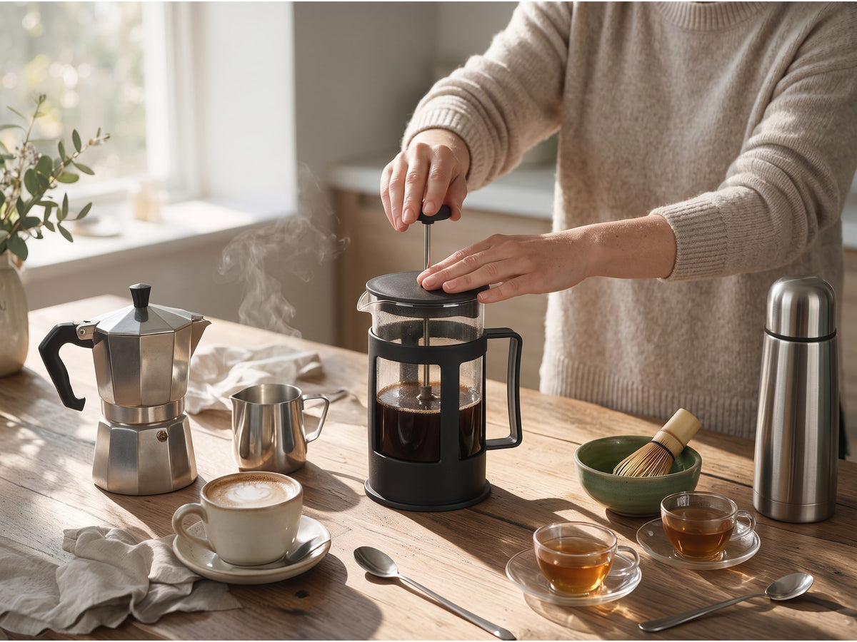 Hands pressing a glass cafetiere on a wooden table with a moka pot, milk jug, latte cup, matcha bowl and whisk, glass tea cups and a steel flask in soft morning light