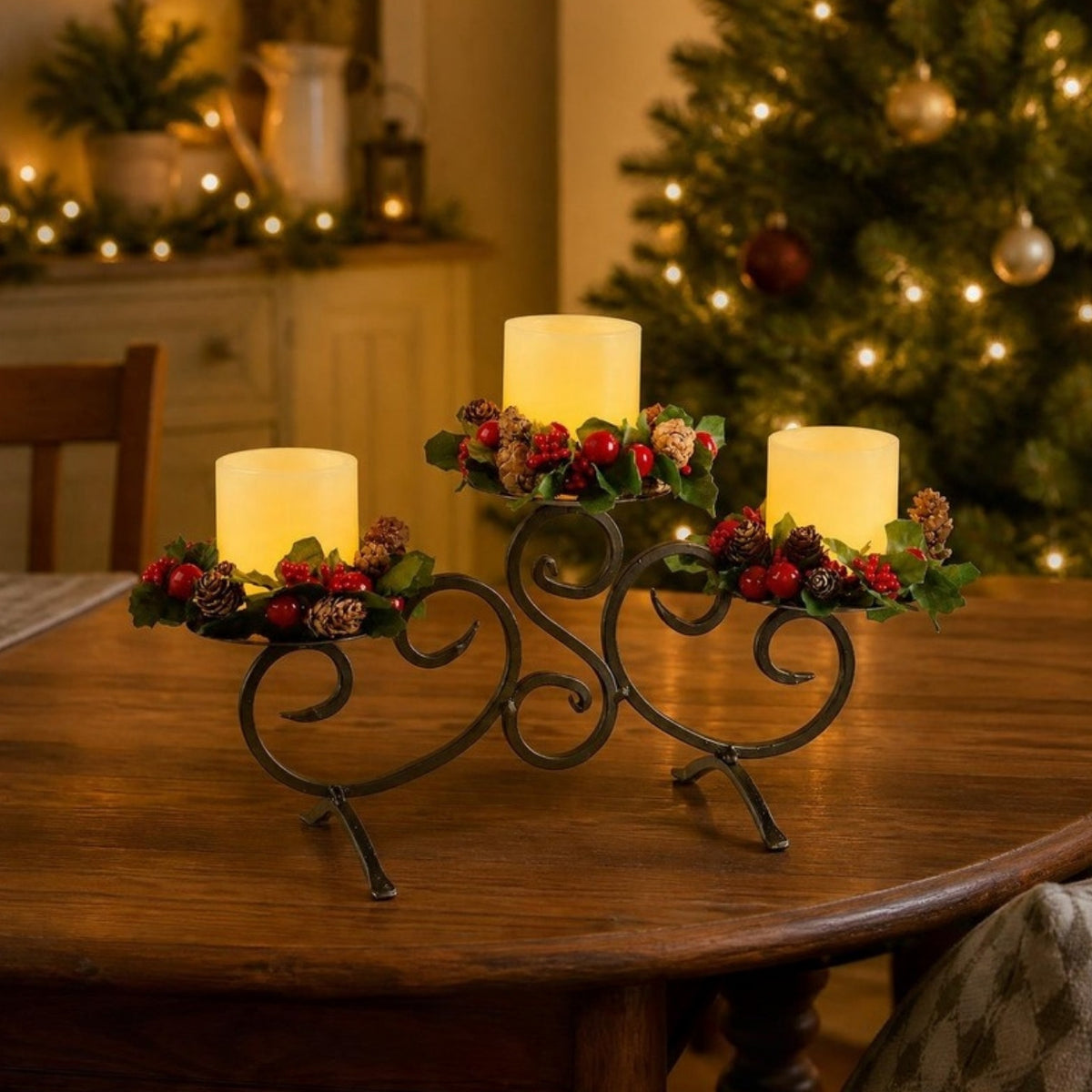 Three flameless LED candles on a scrolled metal stand on a dining table at Christmas
