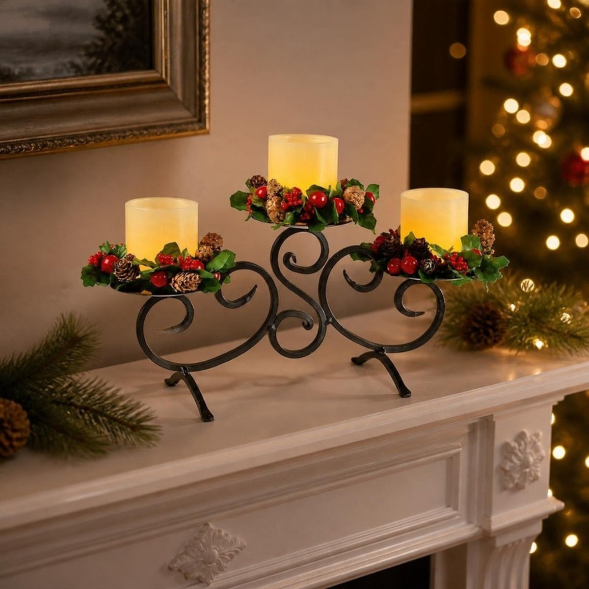 Three flameless LED candles on a scrolled metal stand on a white mantelpiece at Christmas