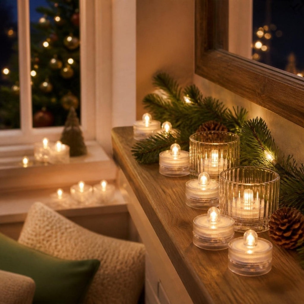 Flameless LED tea lights glowing on a windowsill at Christmas