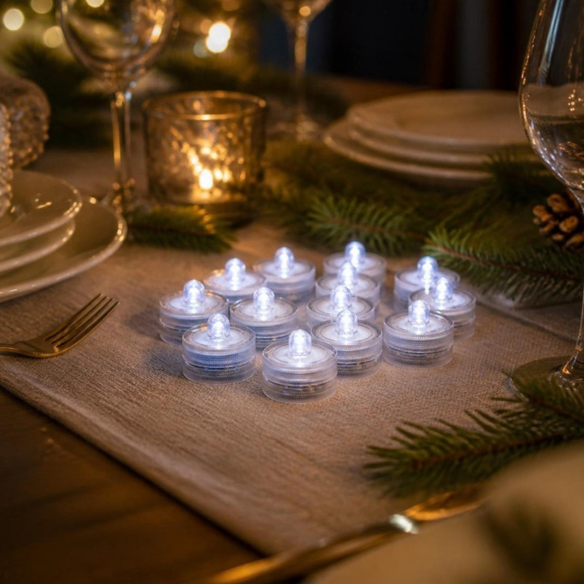 Flameless LED tea lights on a Christmas dinner table