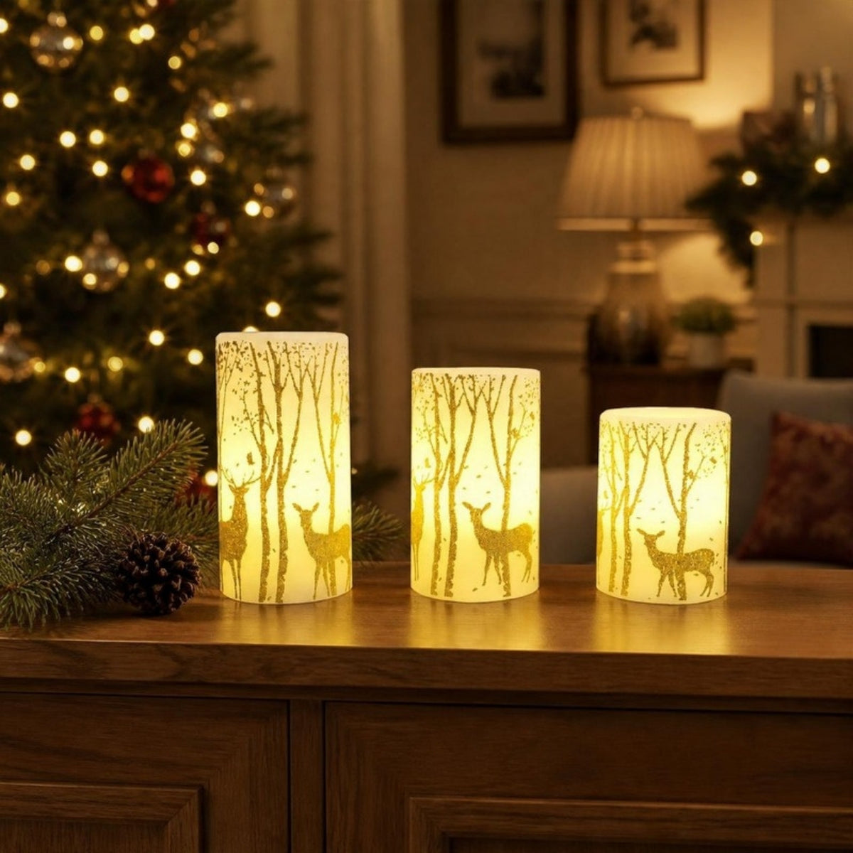 Woodland scene LED pillar candles on a sideboard at Christmas