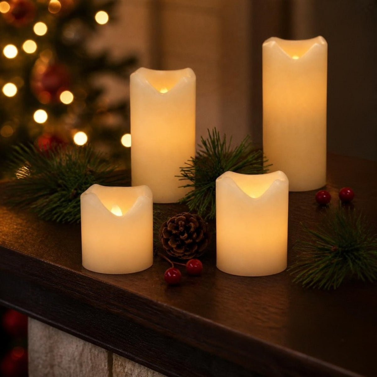 Flameless LED Candles with Real Wax Finish on a mantelpiece at Christmas - APA Pure Living