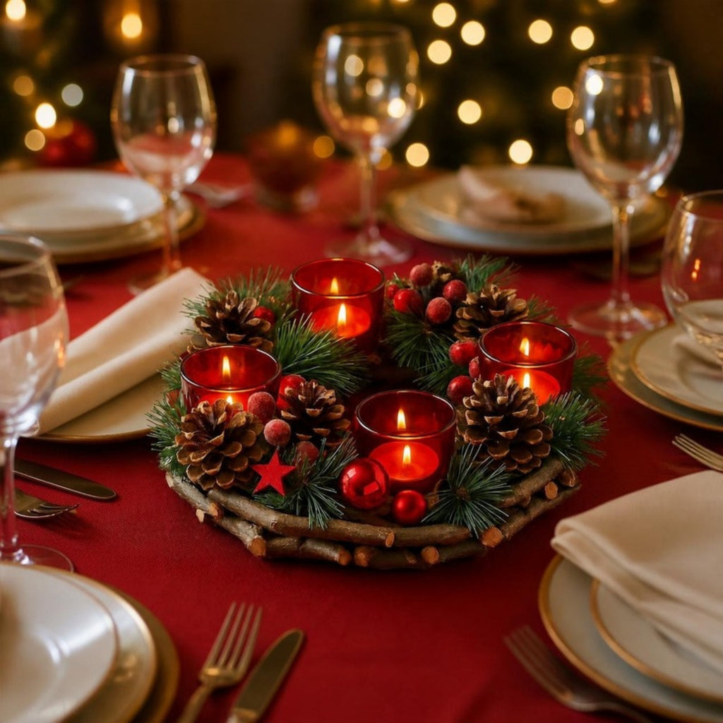 Festive Table Wreath Centrepiece with Flameless LED Candles on a Christmas dinner table - APA Pure Living