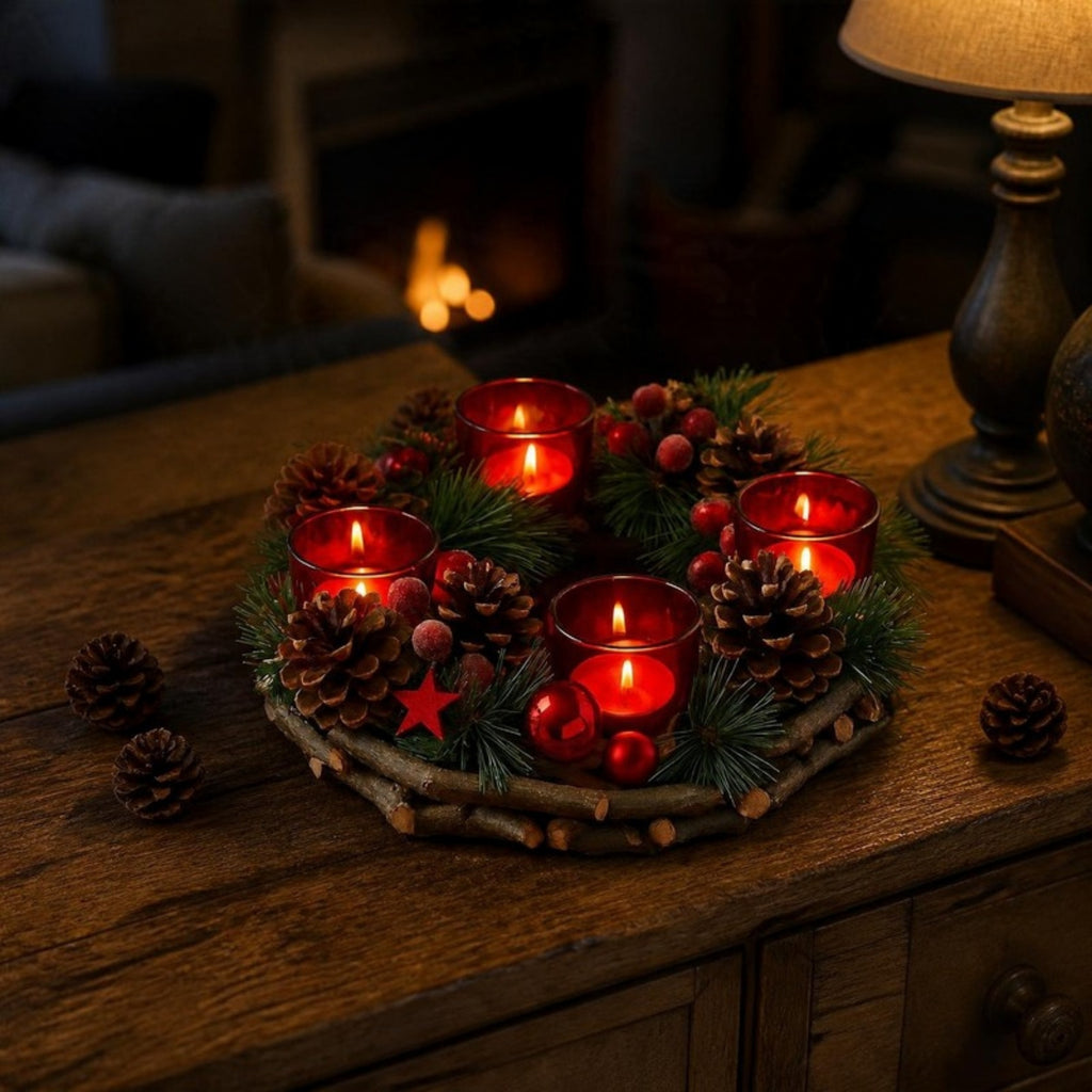 Festive Table Wreath Centrepiece with Flameless LED Candles glowing on a sideboard - APA Pure Living