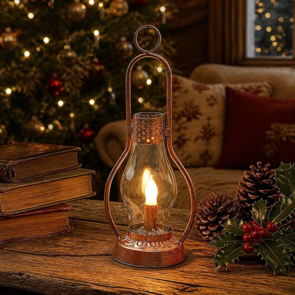 Vintage-style LED oil lantern with aged copper finish on a rustic table at Christmas