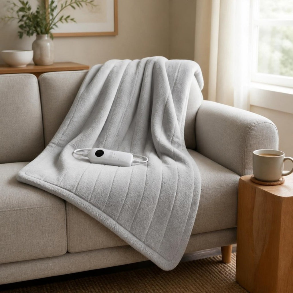 Extra Large Heated Throw Blanket draped over a sofa - APA Pure Living
