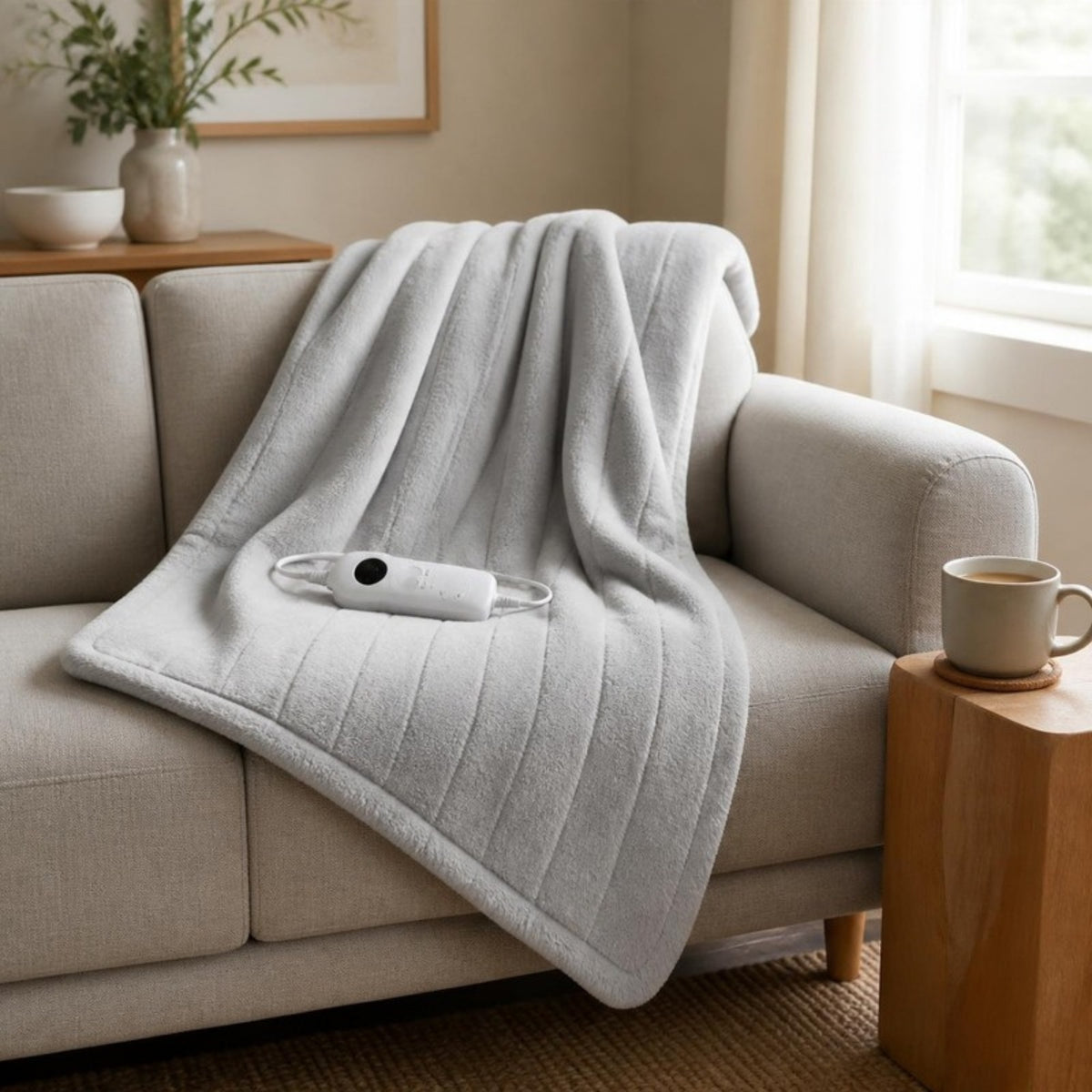 Extra Large Heated Throw Blanket draped over a sofa - APA Pure Living