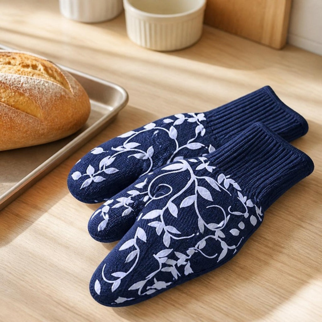 Floral Vine Oven Gloves on a kitchen worktop with fresh bread - APA Pure Living