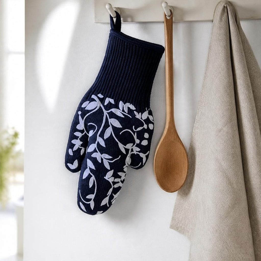 Floral Vine Oven Glove hanging in a kitchen - APA Pure Living