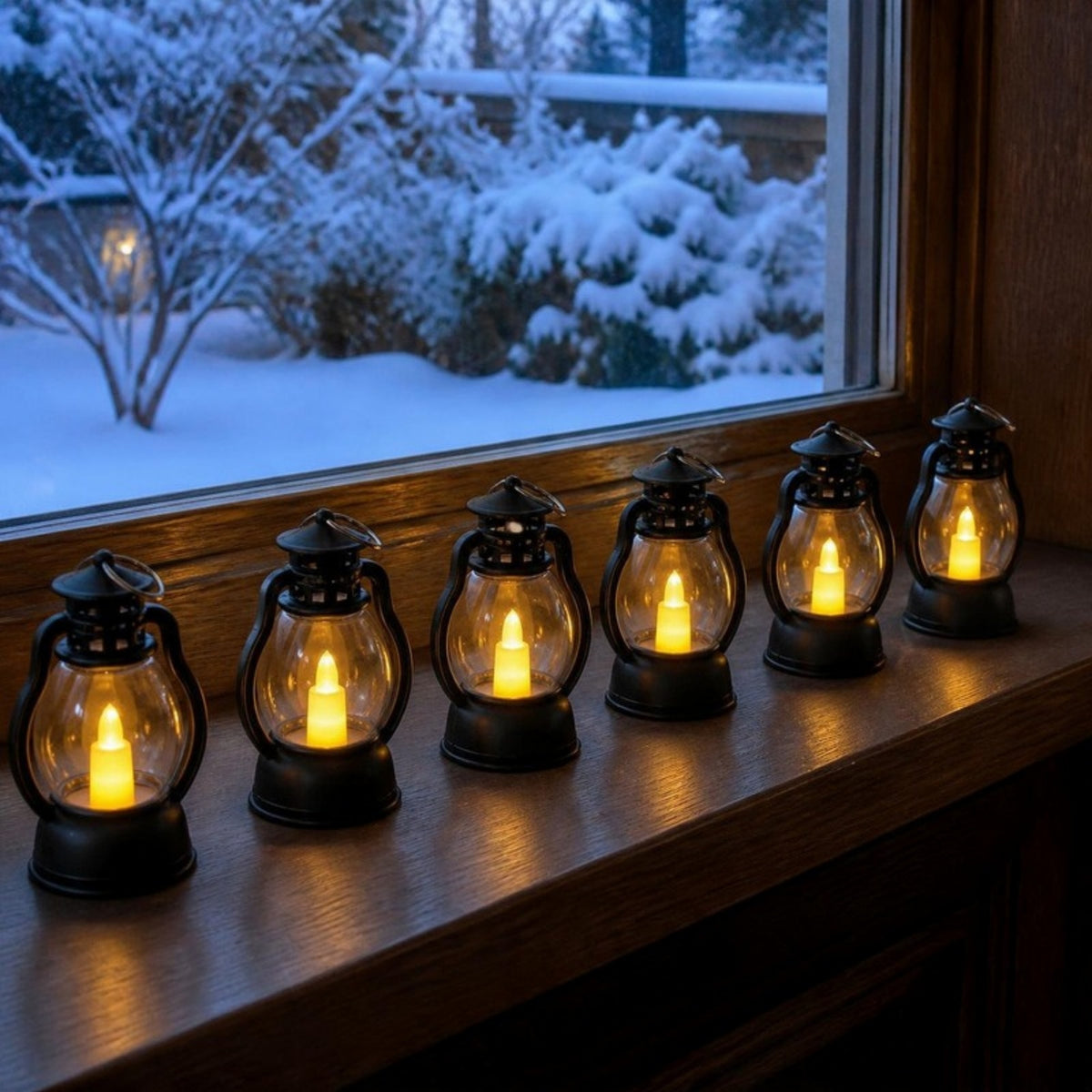 Set of 6 Mini Victorian-Style LED Lanterns on a snowy windowsill - APA Pure Living