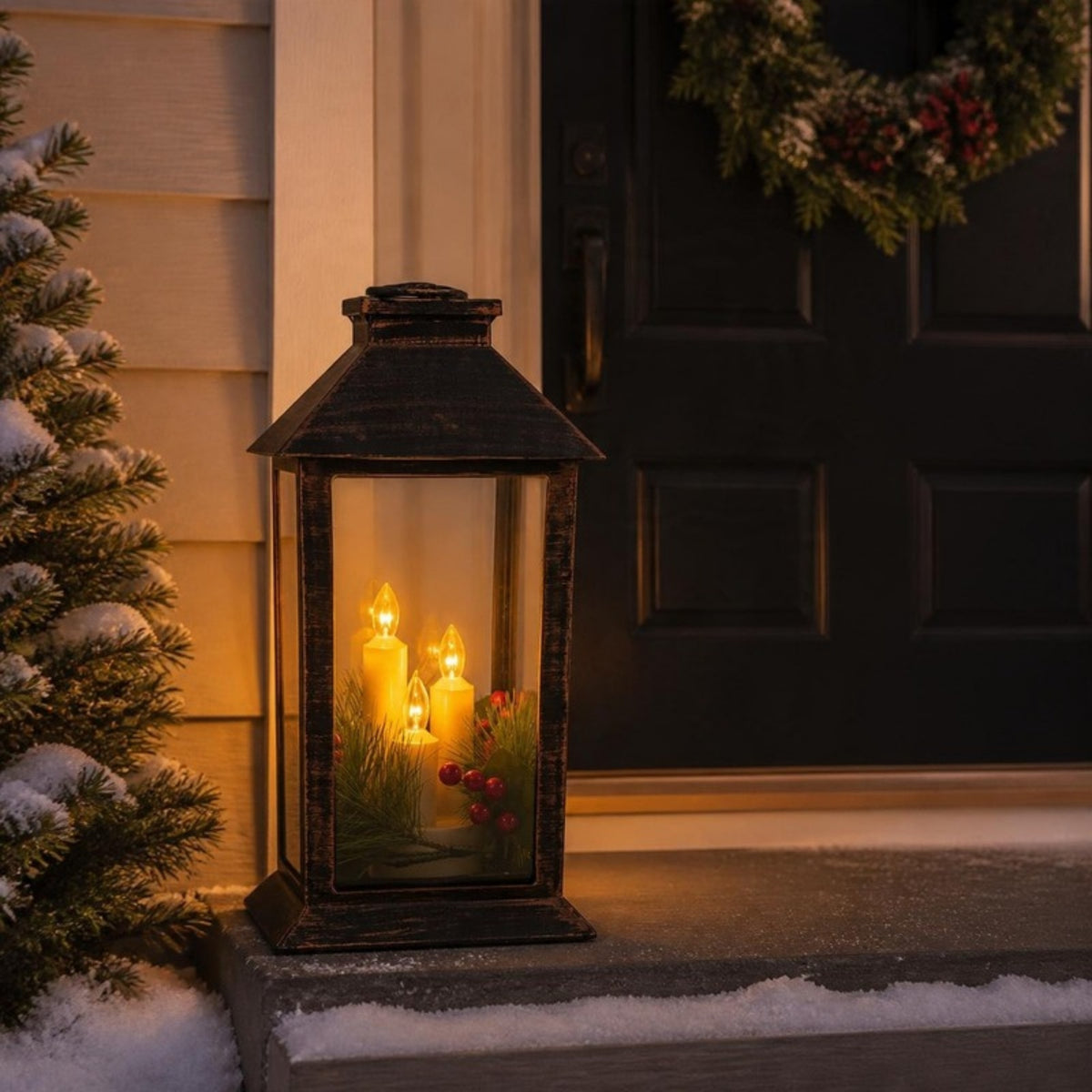 Decorative Lantern with 3 Flameless LED Candles on a front porch - APA Pure Living