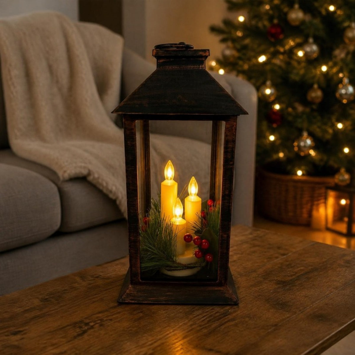 Decorative Lantern with 3 Flameless LED Candles on a coffee table at Christmas - APA Pure Living