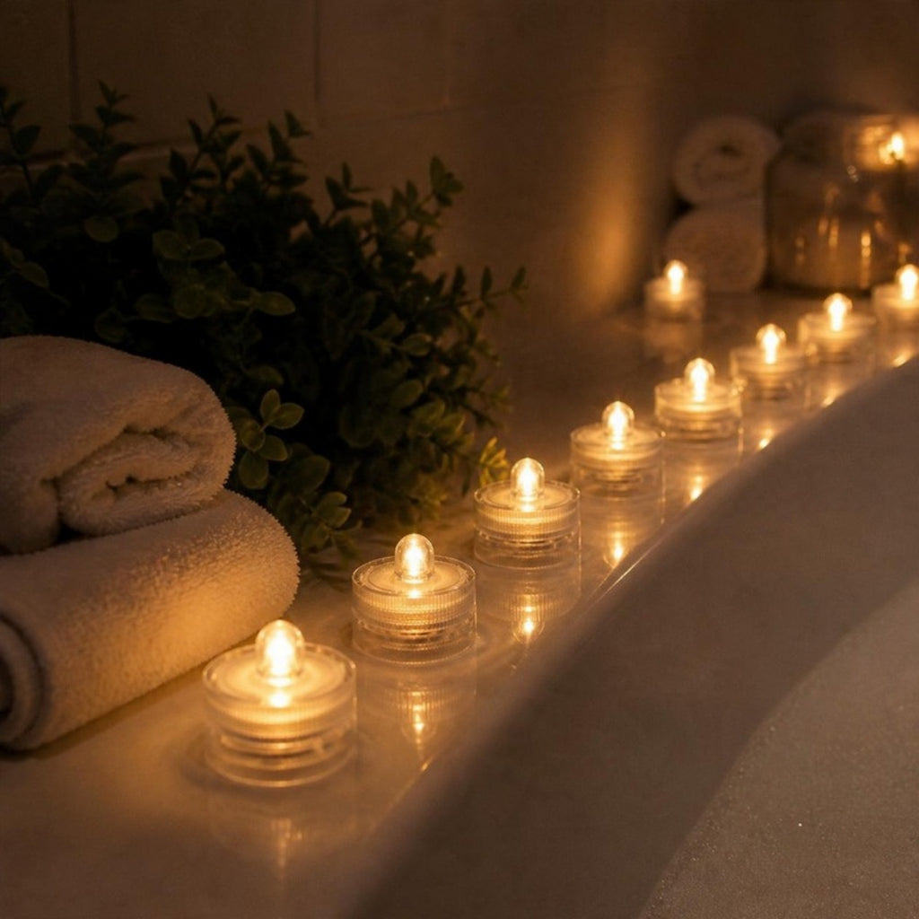 LED tea lights lit along a bathroom ledge - APA Pure Living