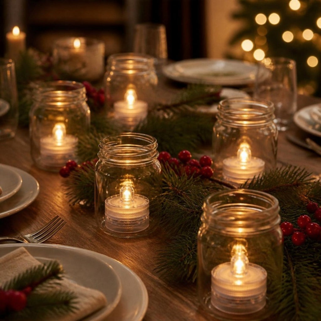 LED tea lights on a festive dining table - APA Pure Living