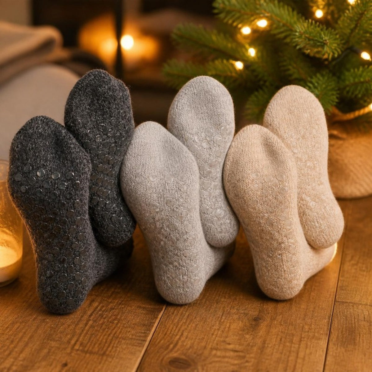 Three pairs of slipper socks in grey, light grey and beige - APA Pure Living