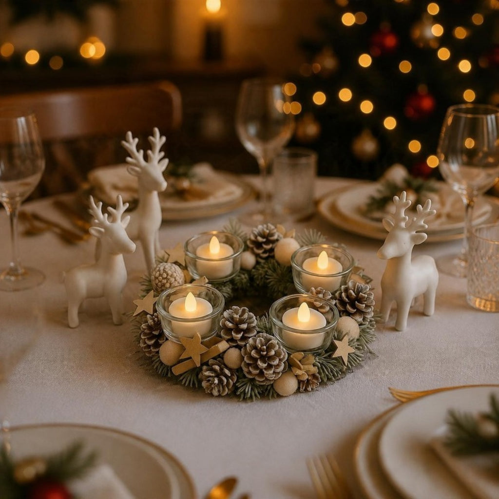 Frosted pine cone table wreath as a Christmas dinner centrepiece - APA Pure Living