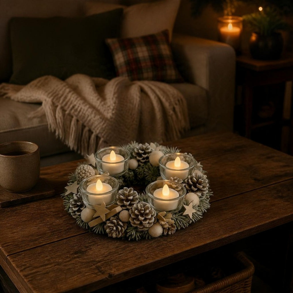 Frosted pine cone table wreath on a coffee table - APA Pure Living