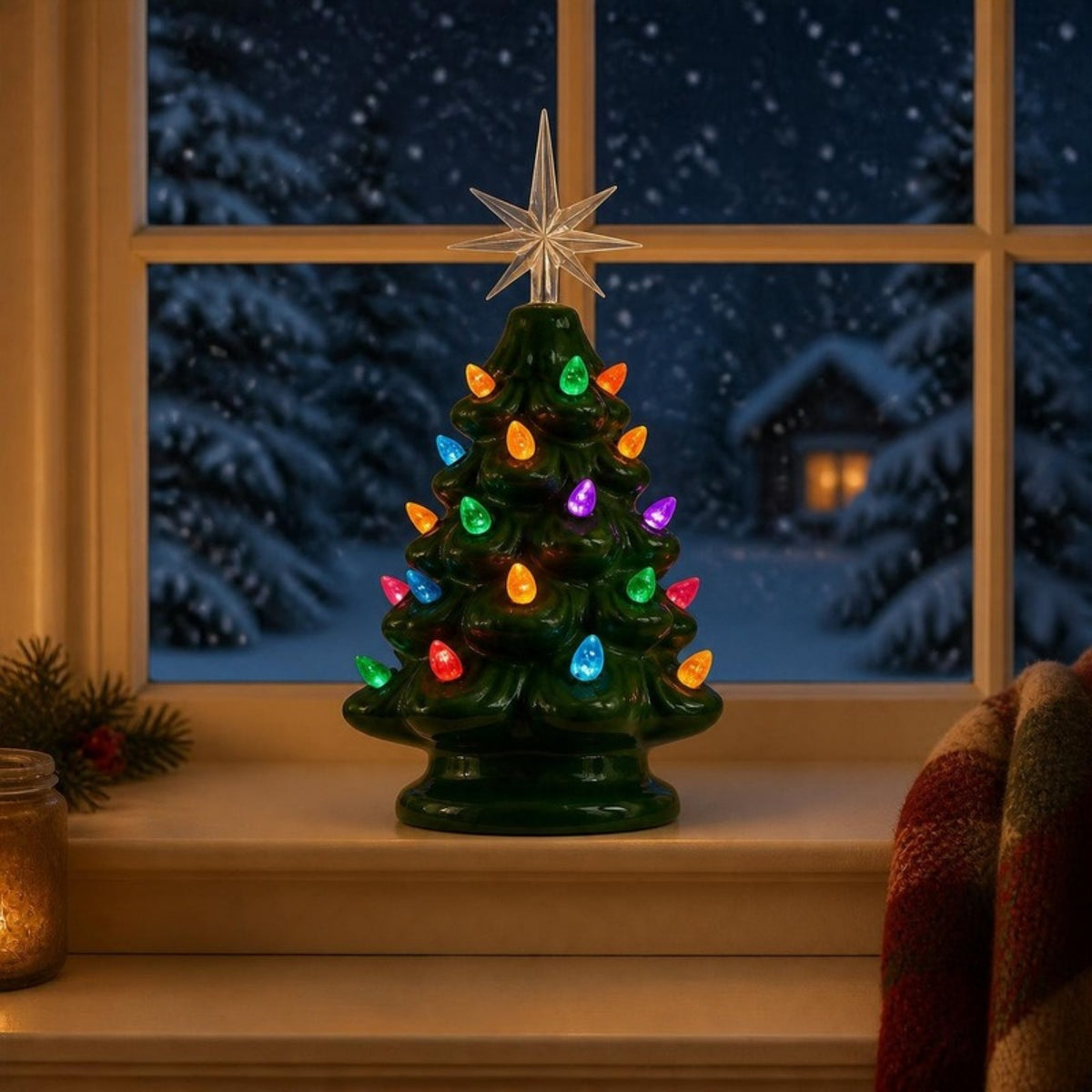 Light-up ceramic Christmas tree on a snowy windowsill - APA Pure Living