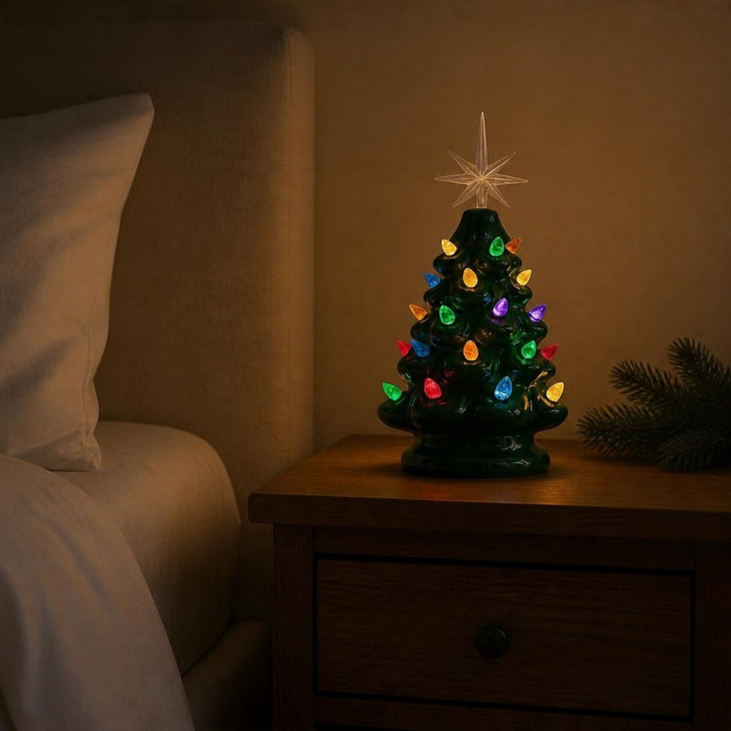 Light-up ceramic Christmas tree on a bedside table - APA Pure Living