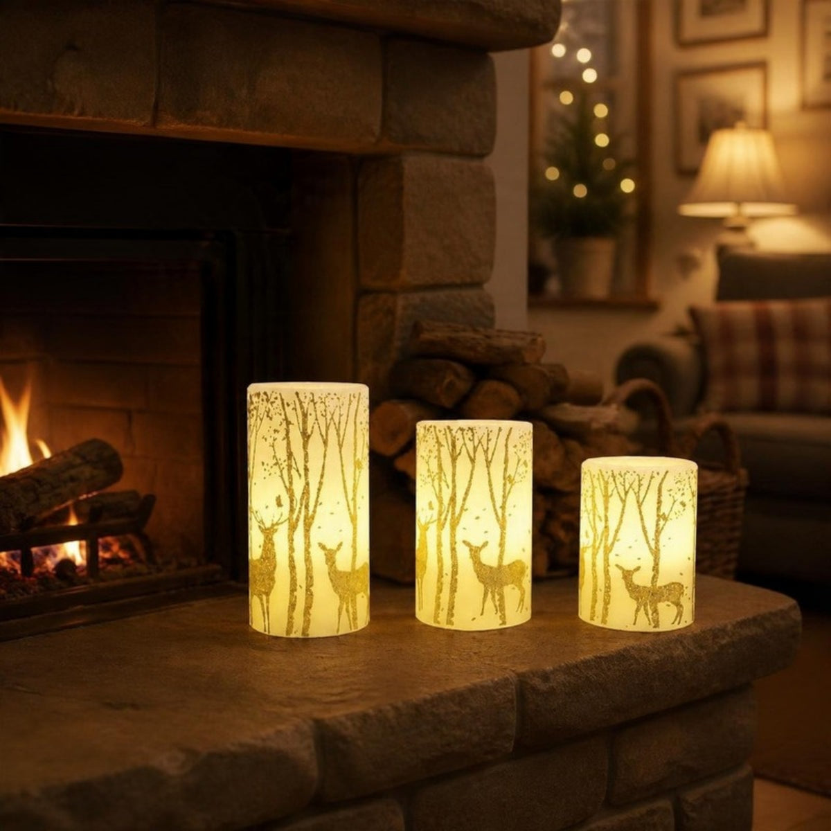 Woodland scene LED pillar candles on a fireplace hearth - APA Pure Living