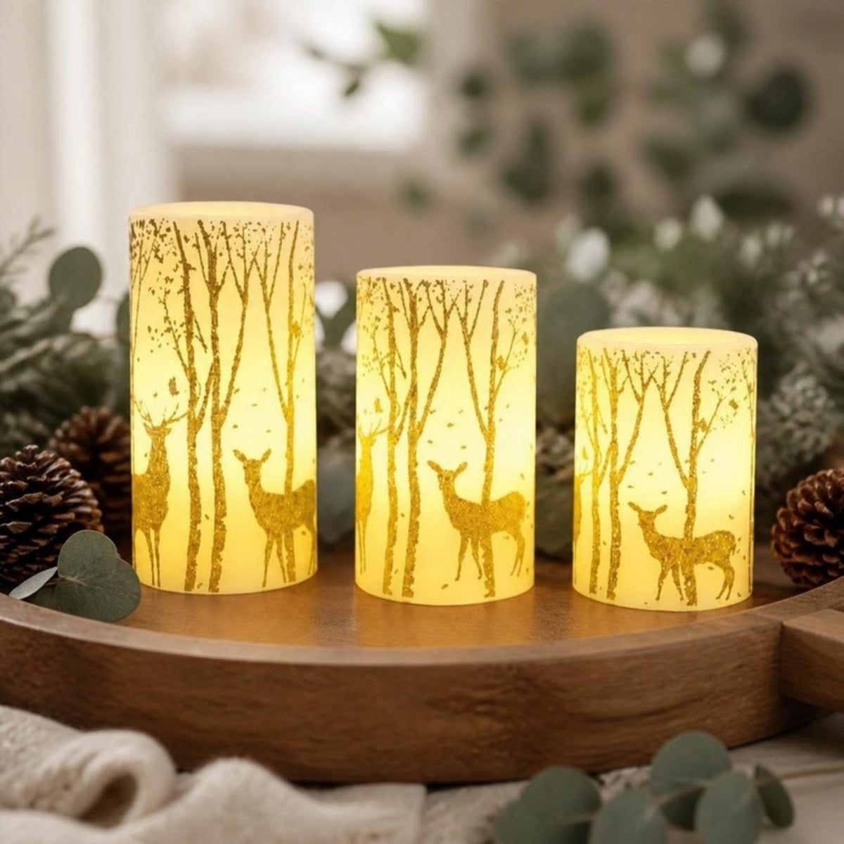 Woodland scene LED pillar candles on a wooden tray - APA Pure Living
