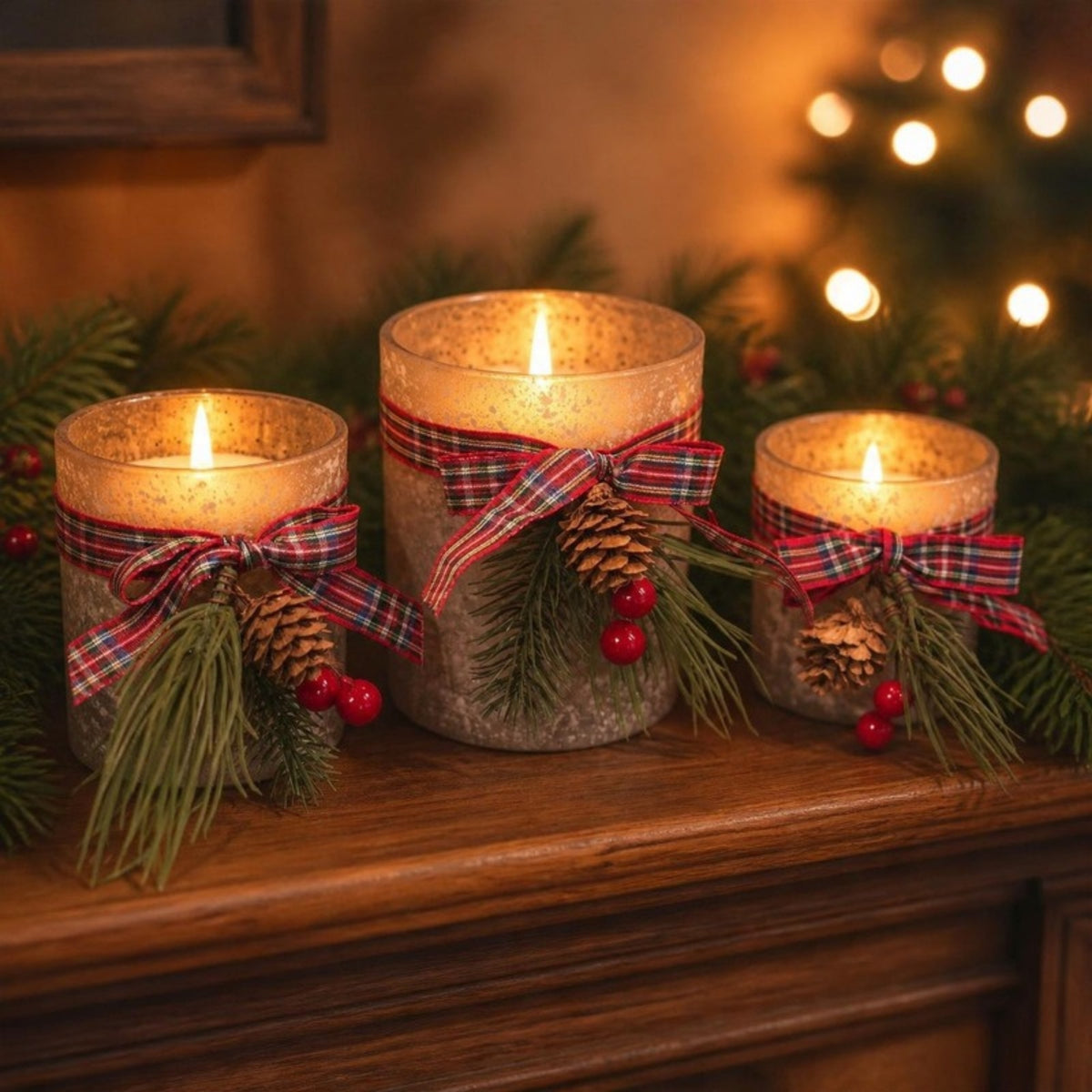 Frosted glass tealight holders with tartan ribbon on a mantelpiece - APA Pure Living