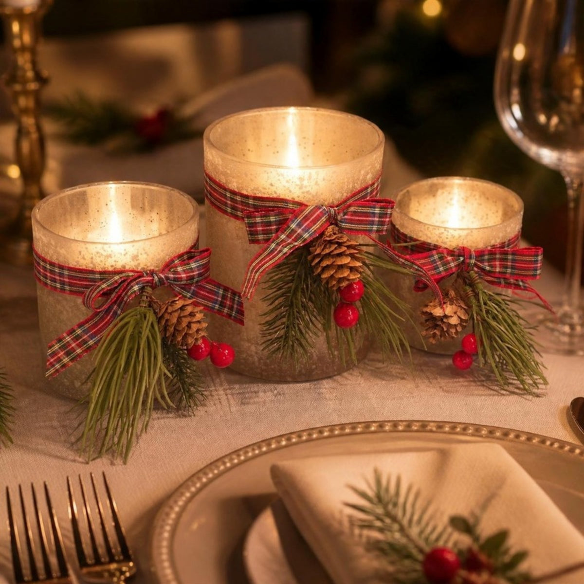 Frosted glass tealight holders on a Christmas dining table - APA Pure Living