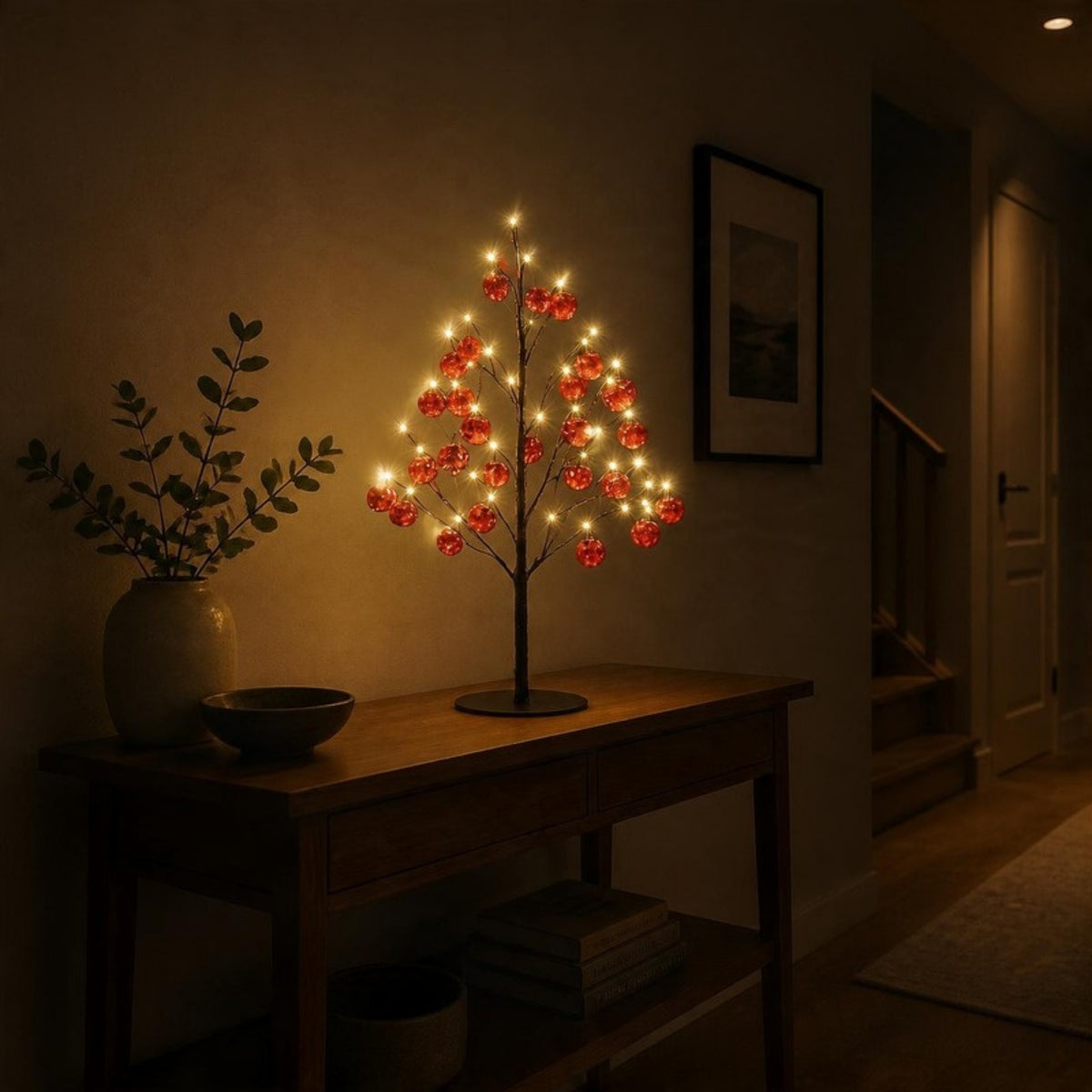 Pre-lit red bauble Christmas tree on a hallway console - APA Pure Living