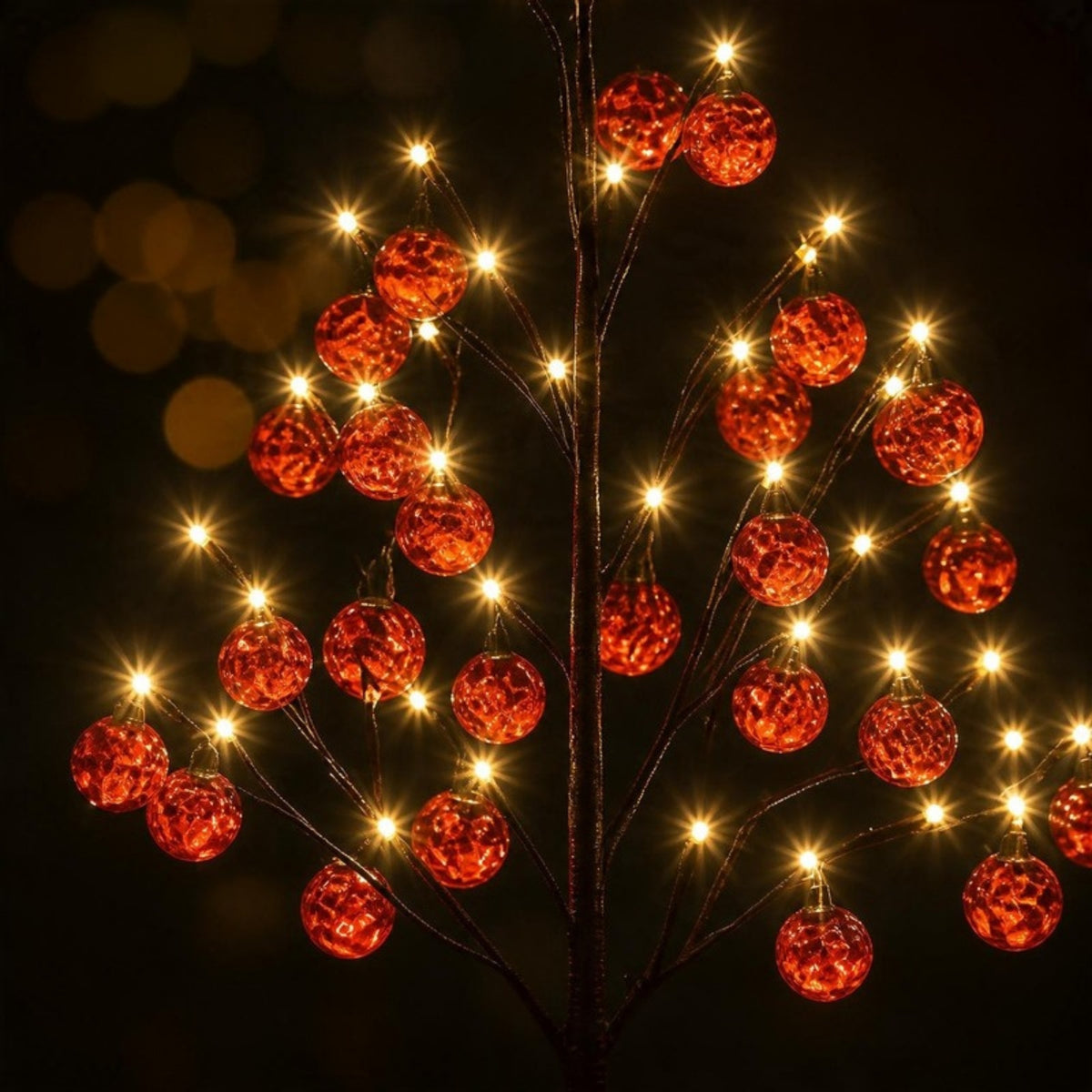 Red bauble Christmas tree close-up of baubles and LEDs - APA Pure Living
