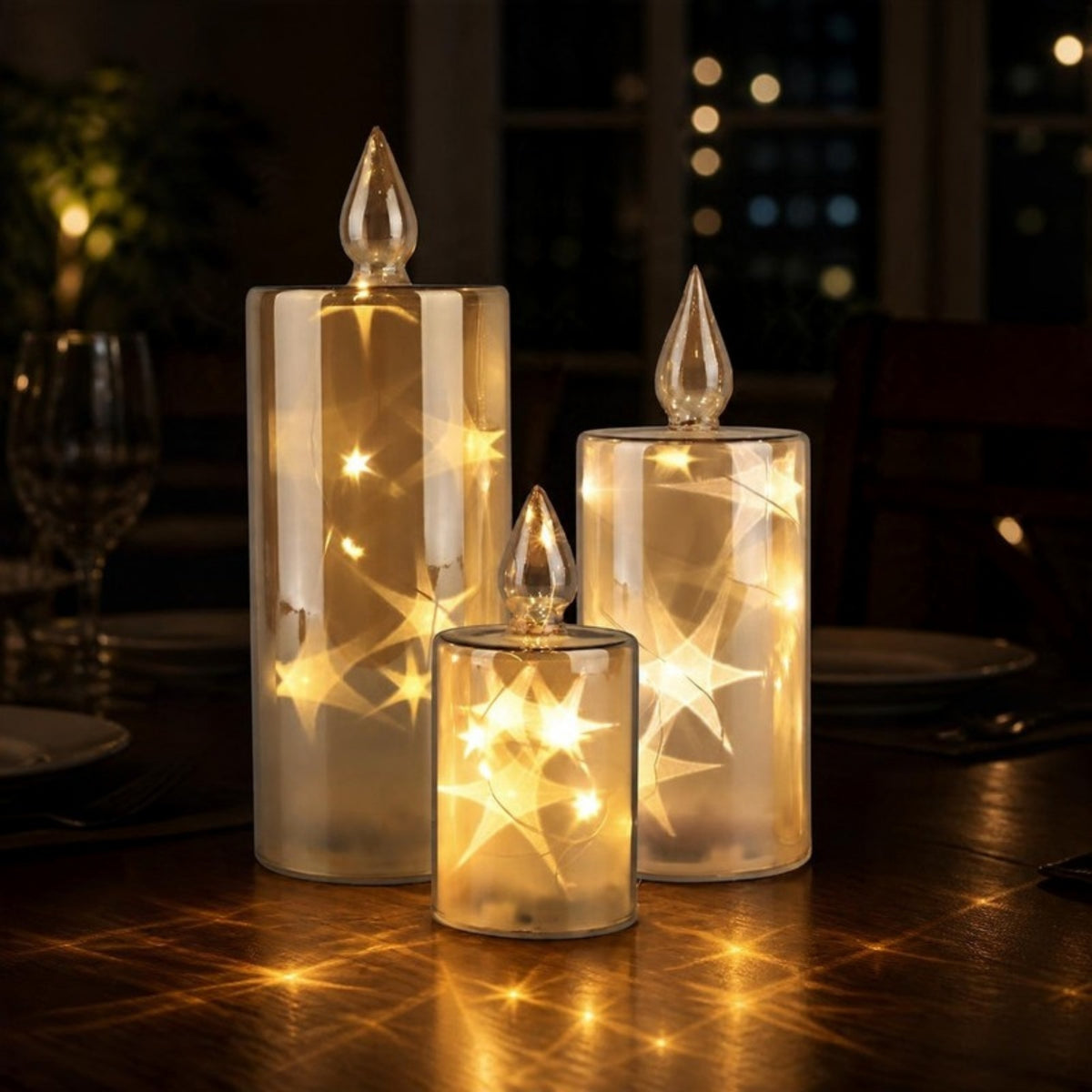 Faceted glass LED candles with star reflections on a dining table - APA Pure Living