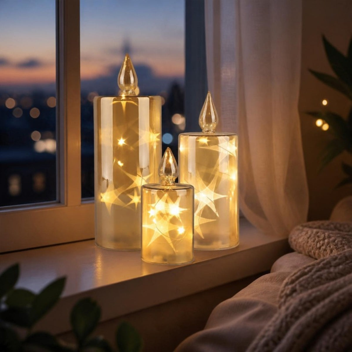 Faceted glass LED candles on a windowsill at dusk - APA Pure Living