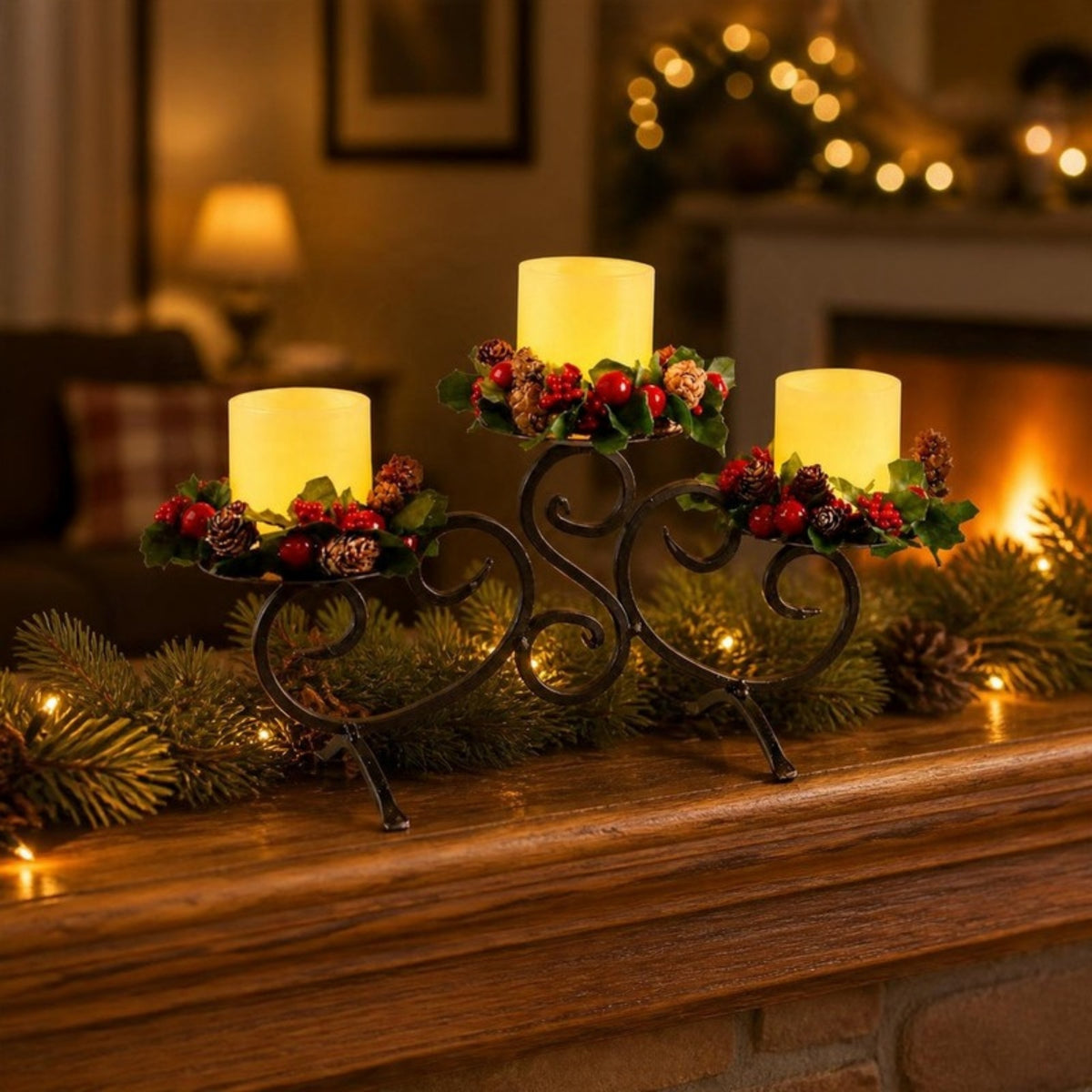 Three LED candles on a scrolled metal stand on a mantelpiece - APA Pure Living