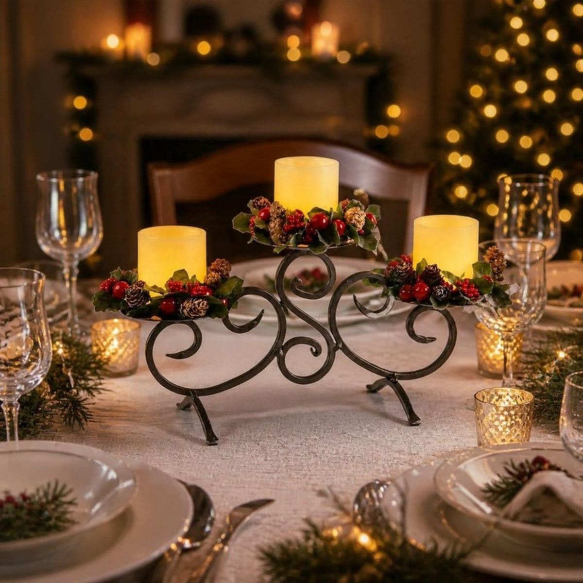 Three LED candles on a scrolled metal stand as a table centrepiece - APA Pure Living