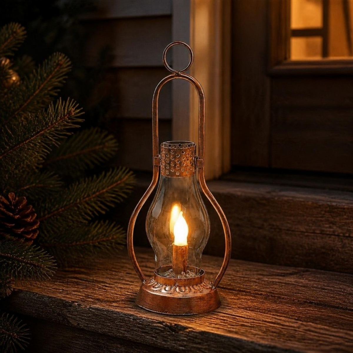 Vintage-style LED oil lantern on a porch step at dusk - APA Pure Living
