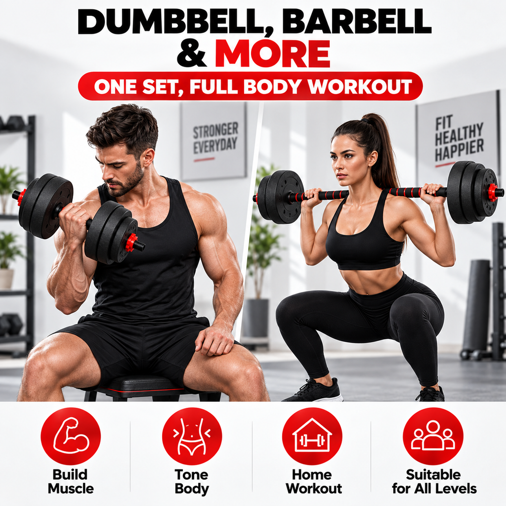 One set used as dumbbells and as a barbell for a full body workout