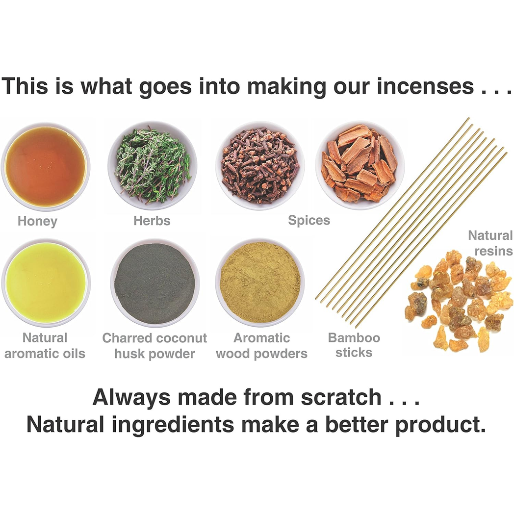 Ingredients used in the incense: honey, herbs, spices, aromatic oils, coconut husk powder, wood powders and bamboo sticks