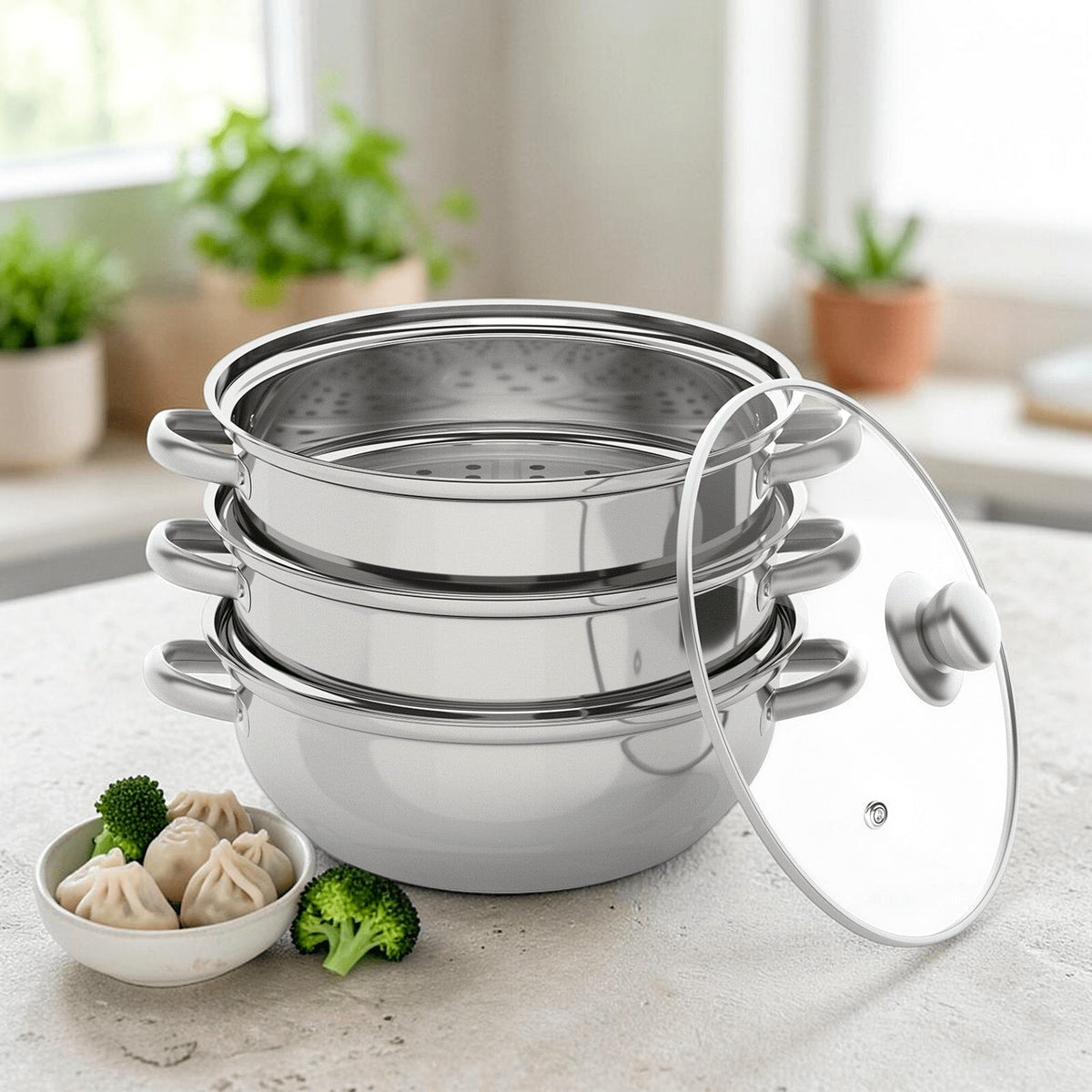 3-tier stainless steel steamer pan set with glass lid in a kitchen with vegetables