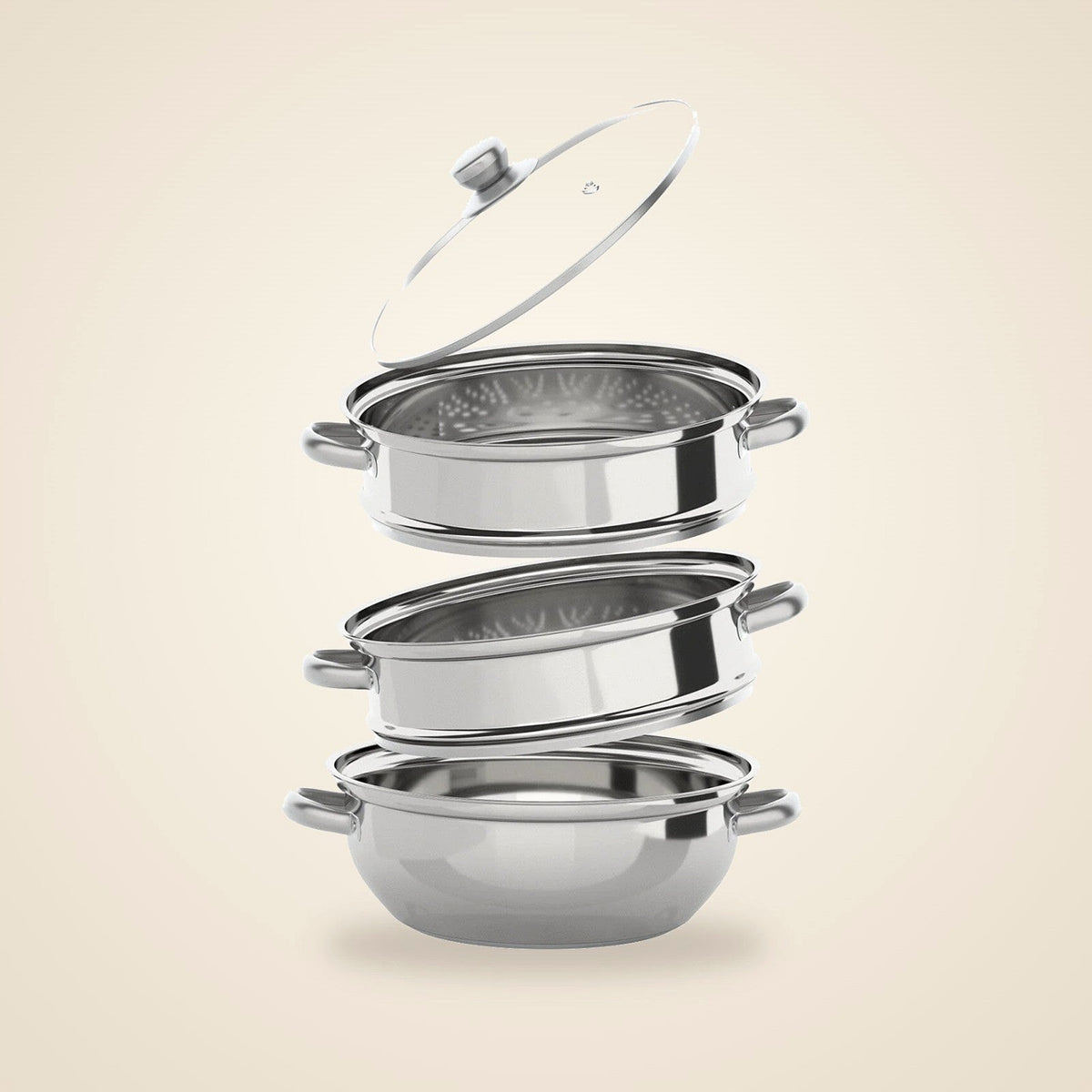 Stainless steel steamer pan, two steamer tiers and glass lid stacked apart