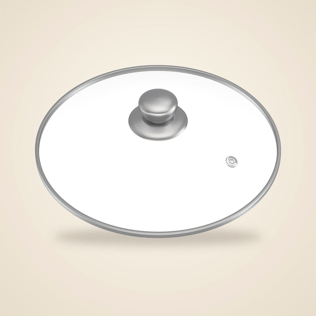 Glass lid with stainless steel rim and steam vent
