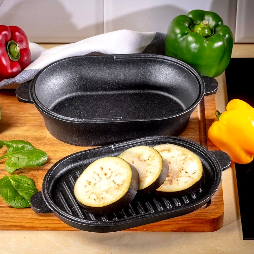 2-in-1 cast iron Dutch oven with grill pan lid, aubergine and peppers