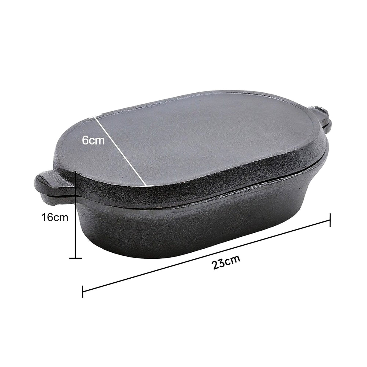 2-in-1 cast iron Dutch oven showing its dimensions