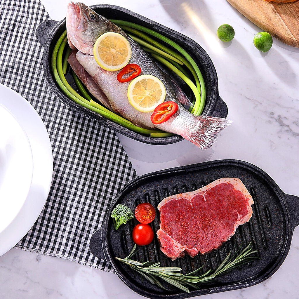 Fish in the cast iron pot and steak on the ribbed skillet lid