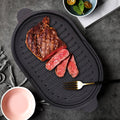 Sliced steak on the ribbed cast iron skillet lid