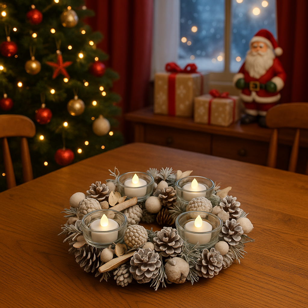 Frosted Pine Cone Table Wreath with 4 LED Candles - APA Pure Living
